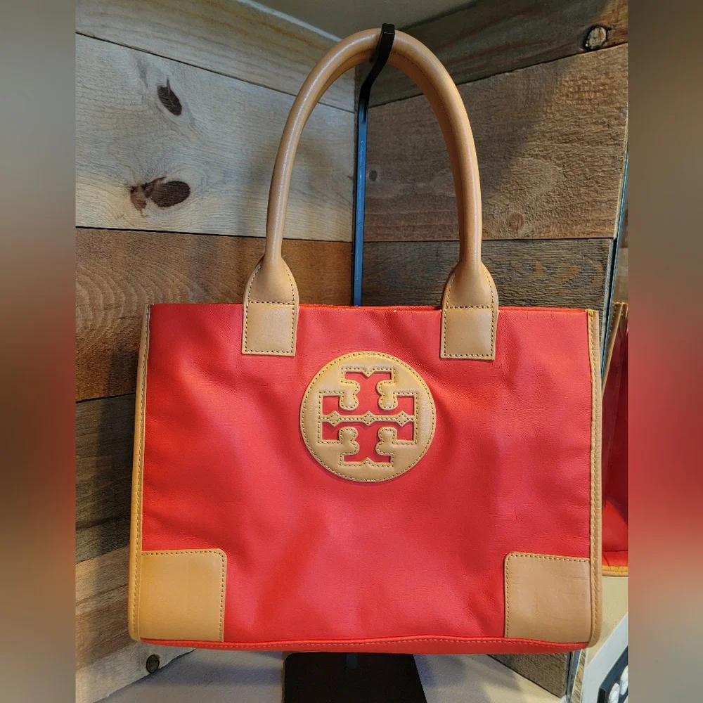 Tory Burch Red and Tan Vegan Leather Ella Tote Bag with Signature Medallion - Picture 3 of 12